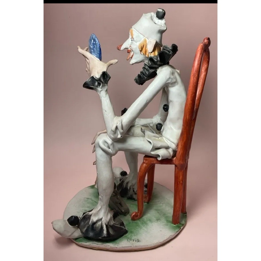 Vintage Italian Clown w Dog Ceramic Sculpture T.P. Ceramiche #119 Signed Poli